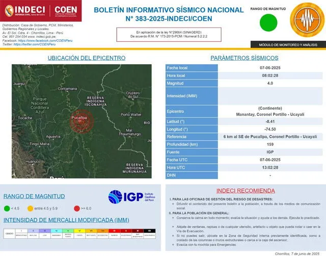 Epicentro fue en Manantay, Pucallpa. Foto: COEN Indeci Epicentro fue en Manantay, Pucallpa. Foto: COEN Indeci