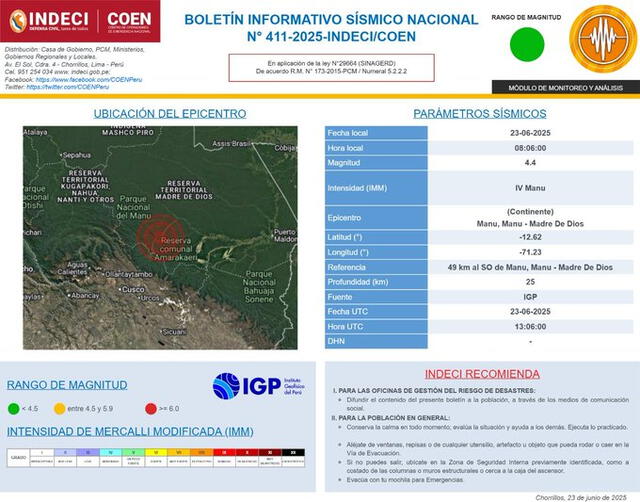 Alerta de Indeci tras sismo de 4,4 en Madre de Dios. Foto: X   