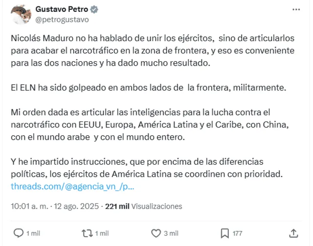  Petro sobre la propuesta lanzada por Maduro contra el narcotráfico. Foto: X. 