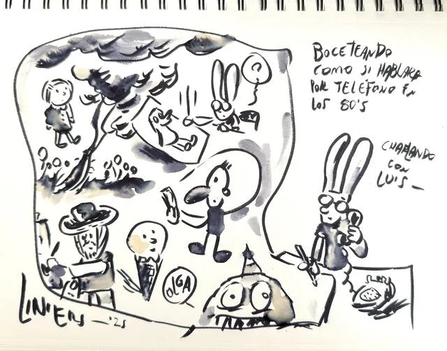 Dibujo de Liniers para La República. “Boceteando como si hablara por teléfono durante los años 80. Charlando con Luis”. Dibujo de Liniers para La República. “Boceteando como si hablara por teléfono durante los años 80. Charlando con Luis”.