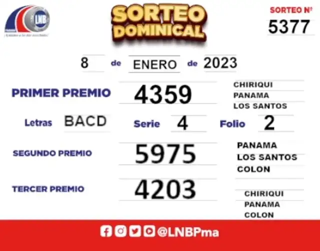 Lotería Nacional de Panamá HOY, 8 de enero: resultados del ‘Sorteo de Oro Dominical’ Lotería Nacional de Panamá HOY, 8 de enero: resultados del ‘Sorteo de Oro Dominical’
