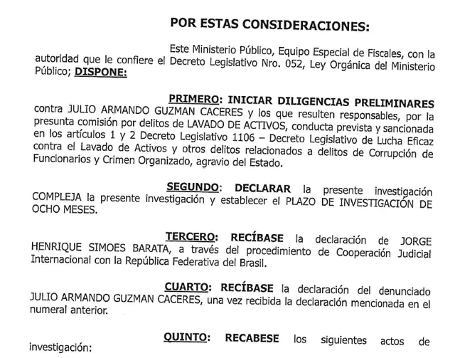 Disposición del fiscal Pérez para abrir investigación preliminar contra Julio Guzmán.