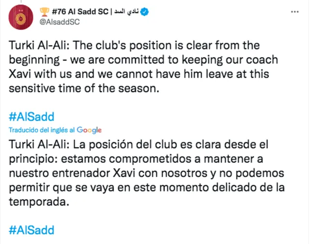 Mensaje del Al-Sadd sobre el futuro de Xavi. Foto: captura Twiter Al-Sadd