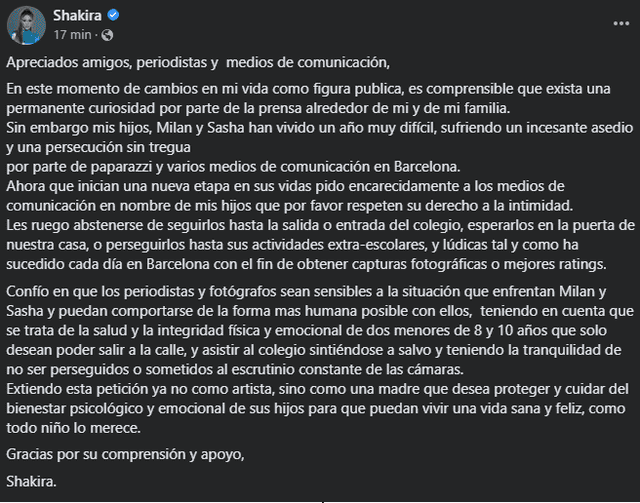  Shakira lanza un impactante mensaje sobre la salud mental de sus hijos. Foto: Shakira / Facebook    