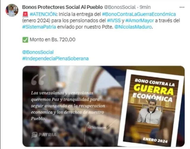 Anuncio del Bono de Guerra para pensionados en enero de 2024. Foto: Bonos Protectores Social Al Pueblo   