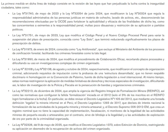 Las ocho leyes planteadas para revisión por el estudio 'Seguridad ciudadana y política criminal del Estado' de José Luis Pérez Guadalupe y Lucía Nuñovero Cisneros (UP).   