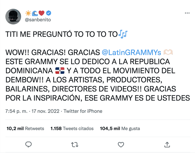 Bad Bunny le dedica a República Dominicana el gramófono por mejor álbum de música urbana