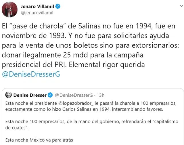 La periodista Denise Dresser comparó reunión de AMLO con 'pase de charola' de Salinas en 1993. Foto: Twitter.