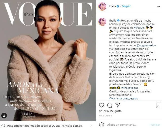 Thalía aparece por primera vez en la portada de la revista Vogue