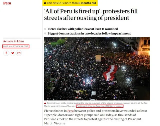 Artículo publicado en The Guardian con imagen original tomada durante las protestas contra Manuel Merino. Foto: Ernesto Benavides - AFP.