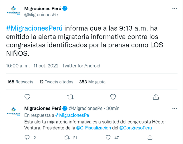 La entidad citada por Ventura respondió a la solicitud. Foto: Migraciones/ Twitter