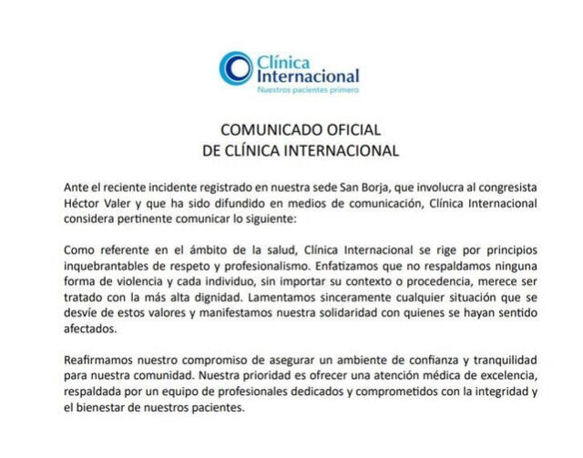 La Clínica Internacional emitió su pronunciamiento sobre el caso, rechazando todo tipo de agresión. Foto: difusión 