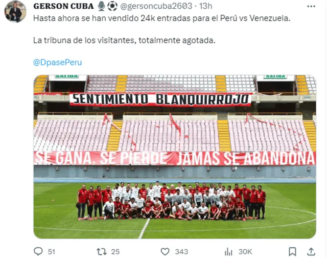 Hasta ahora, no se han agotado las localidades para los hinchas peruanos. Foto: captura de 'X'/Gerson Cuba   