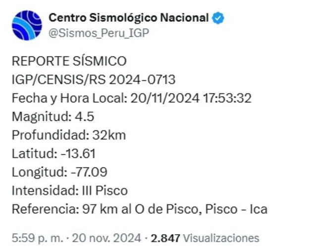 Temblor en Pisco se registró a las 5.53 p. m. Foto: IGP/X   