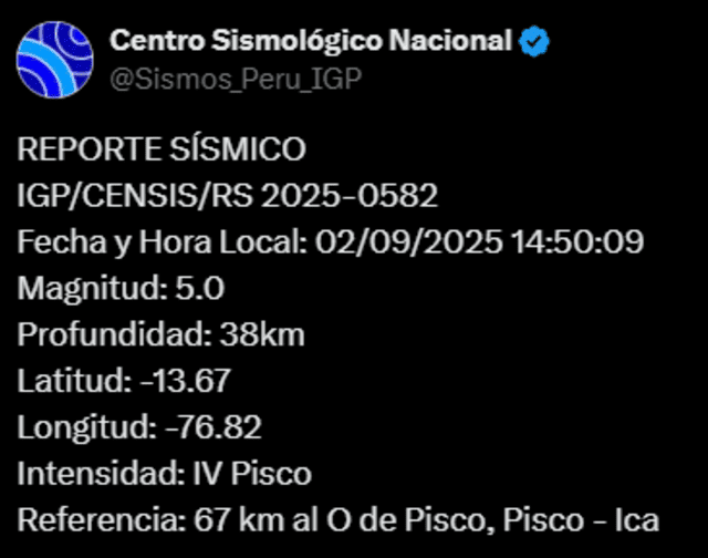 Reporte de sismo en Ica. Foto: X   