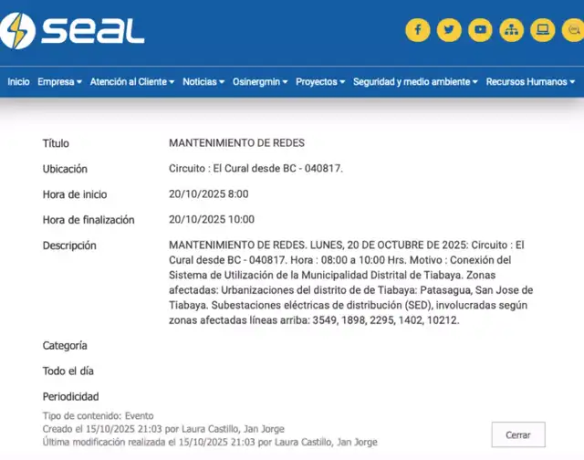 Seal | corte de luz en Arequipa | corte de luz octubre Seal | corte de luz en Arequipa | corte de luz octubre