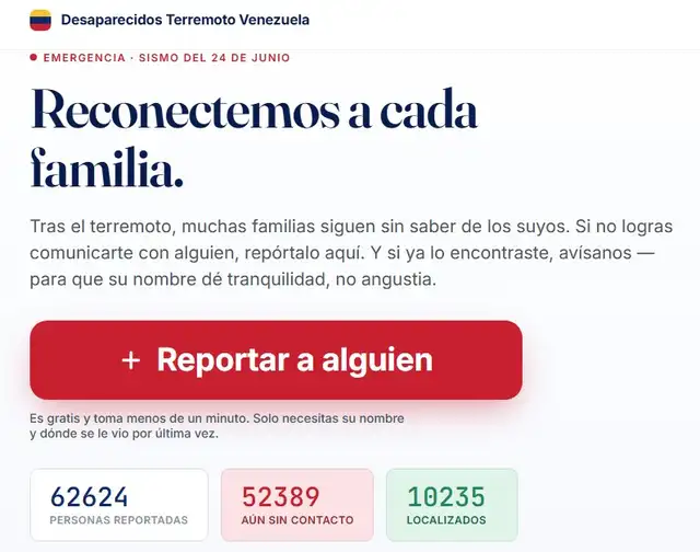Página web de “Desaparecidos Terremoto Venezuela”. Foto: captura