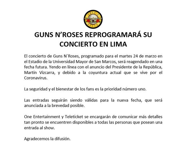 Comunicado oficial de la cancelación del concierto de los Guns N' Roses