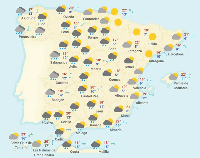 Mapa del tiempo en España hoy, jueves 9 de abril de 2020.
