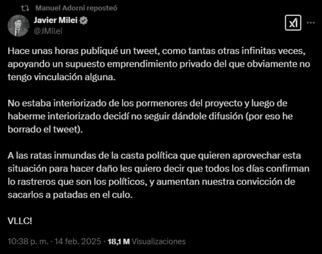 Último post en X de Javier Milei sobre caso $LIBRA. Foto: captura de pantalla Último post en X de Javier Milei sobre caso $LIBRA. Foto: captura de pantalla