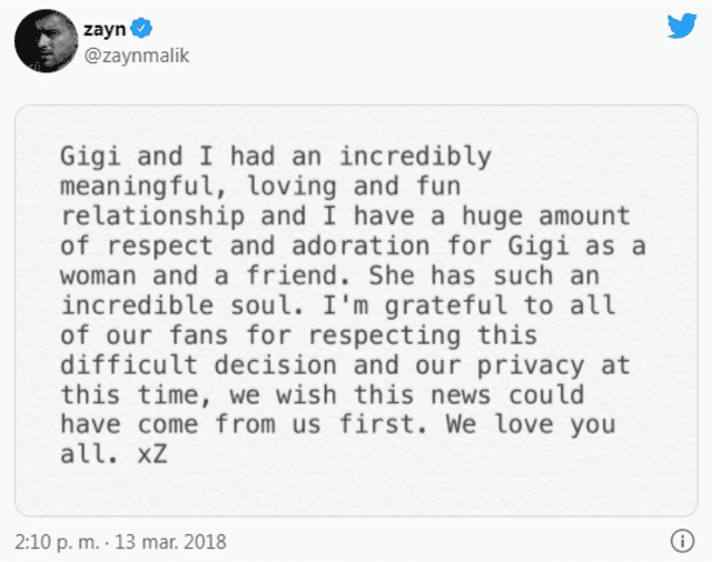 Este fue el primer comunicado de Zayn Malik confirmando la ruptura con Gigi. Foto: captura de Twitter