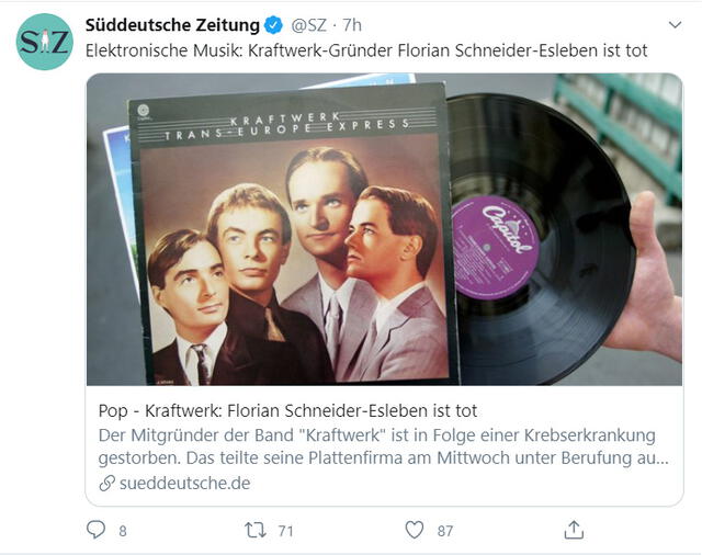 El importante medio alemán Süddeutsche Zeitung anunció la muerte de Schneider en Twitter.