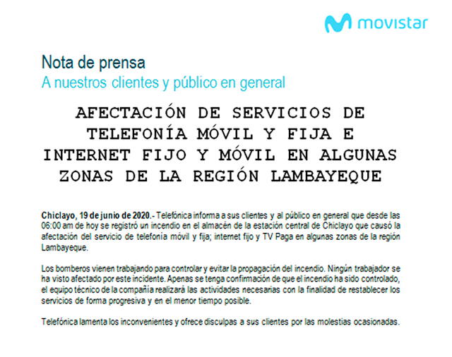 Comunicado de Movistar tras afectación de servicios de telecomunicaciones en Lambayeque.
