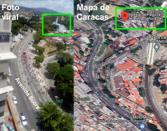 Comparación entre la foto viralizada y la vista satelital de Caracas, Venezuela. Foto: composición Verificador / captura de Facebook / Google Maps   