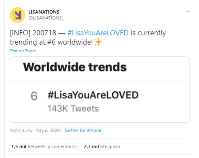 El hashtag #LisaYouAreLoved fue trending topic a nivel mundial. Crédito: captura Twitter