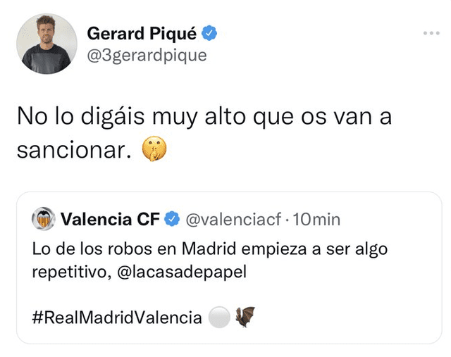 Gerard Piqúe y su publicación sobre Real Madrid vs. Valencia. Foto: Captura Twitter