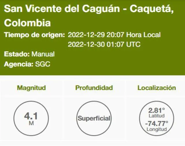 Último sismo en Colombia. Foto: Servicio Geológico Colombiano