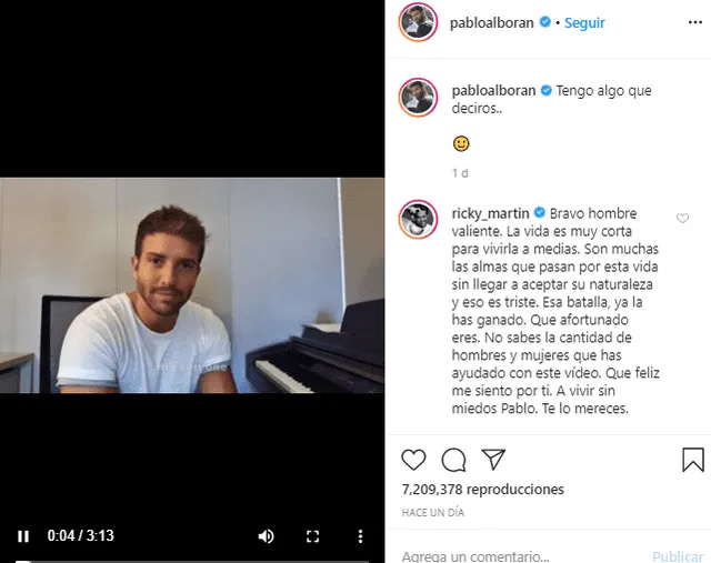 El mensaje de apoyo de Ricky Martin a Pablo Alborán. Foto: Captura Instagram