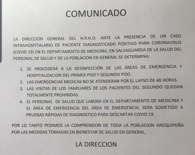 Emergencias del hospital Honorio Delgado dejará de atender por caso de coronavirus.