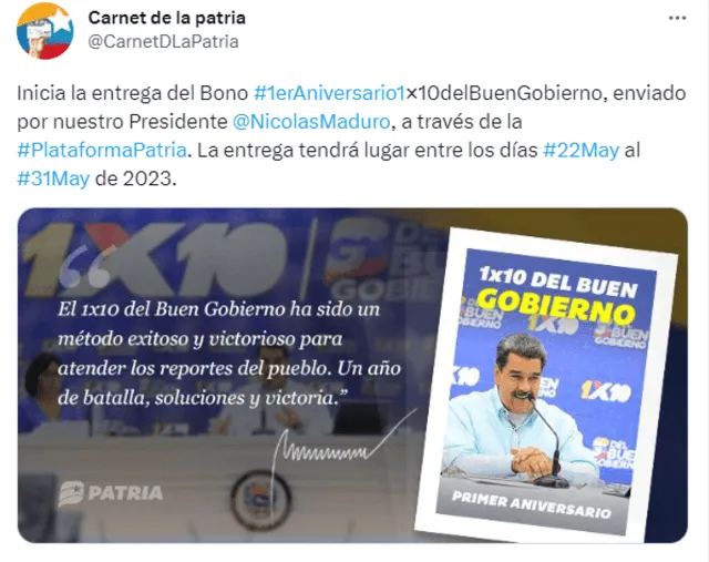 Segundo bono especial se entrega a los venezolanos por el aniversario de 1x1 del buen Gobierno. Foto: Canal de la Patria/ Twitter 