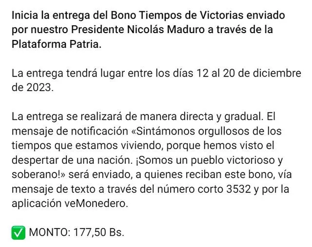 El Primer Bono Especial de este mes llegó el 12 de diciembre. Foto: Canal Patria Digital/Telegram