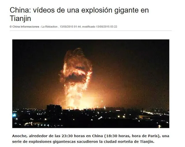  El hecho data del 2015. La imagen circula asociada a una gran explosión en China. Foto: captura en web / Chine Information.   