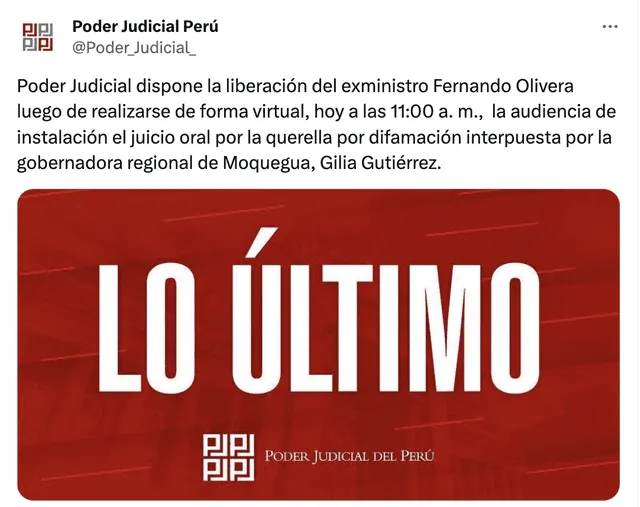 Olivera fue declarado reo contumaz. Foto: Poder Judicial/X   