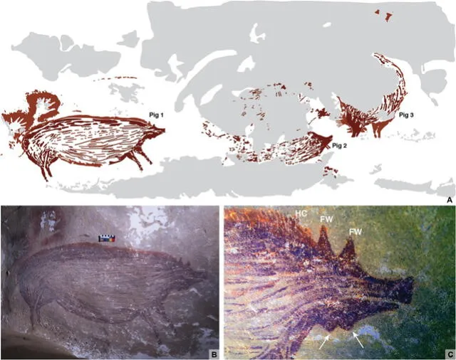 Figura fechada de un cerdo en el panel de arte rupestre de Leang Tedongnge. Foto: Griffith University/Brumm et al./artículo científico.   