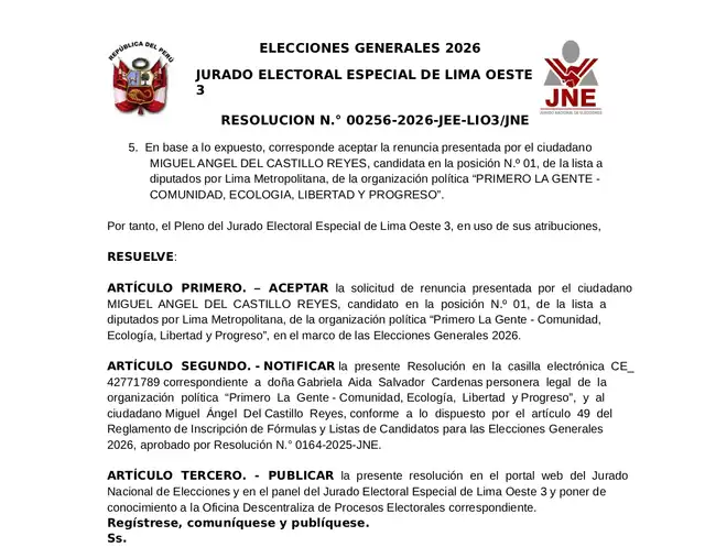  JEE aceptó la renuncia de Del Castillo a la Cámara de Diputados   