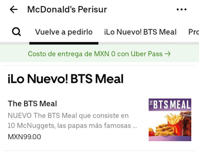 Precios del BTS Meal según UberEats + McDonald's Perisur. Foto: vía Twitter