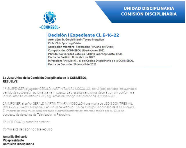 Notificación de la suspensión de Távara. Foto: Captura Conmebol