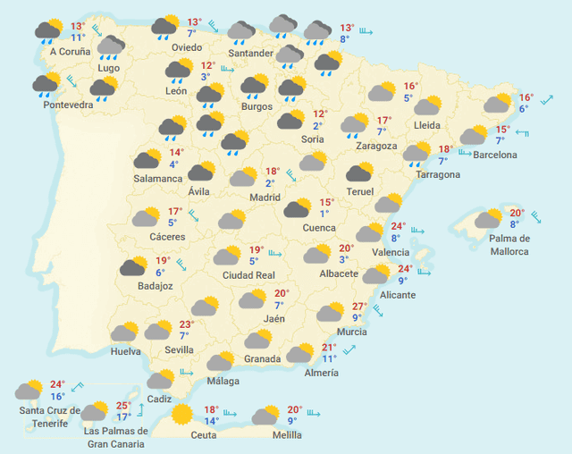 Mapa tiempo España hoy miércoles 26 de febrero de 2020.