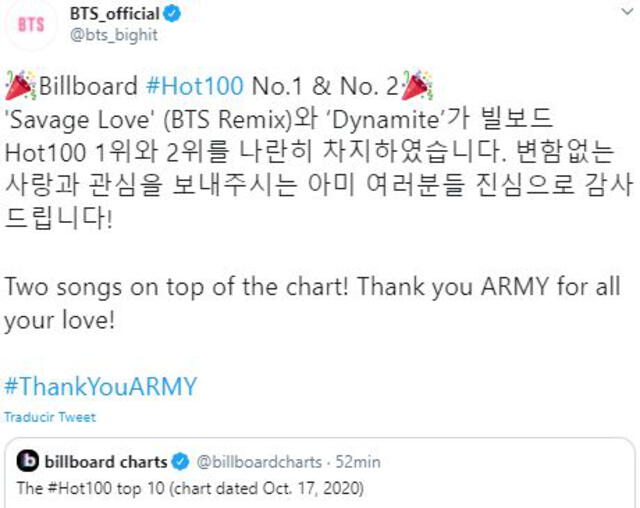 BTS celebra nuevo logro en Billboard. Foto: captura Twitter