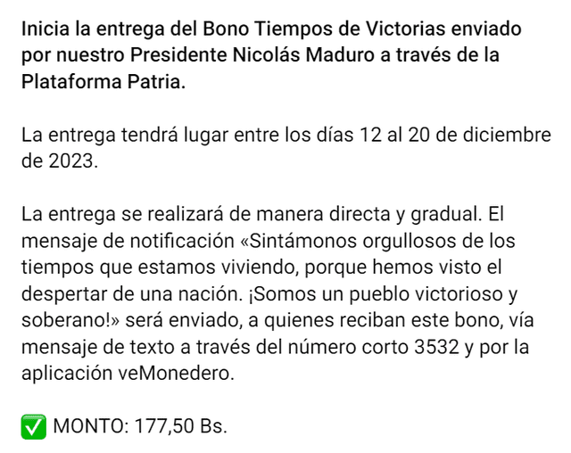 El Primer Bono Especial de diciembre llegó con el nuevo monto de 177,50 bolívares. Foto: Canal Patria Digital/Telegram