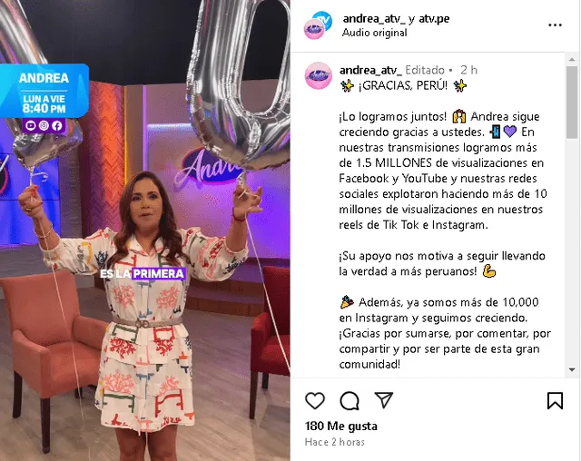 Andrea Llosa también festejó que el Instagram oficial de su programa 'Andrea' haya alcanzado los 10.000 seguidores. Foto: Instagram.   