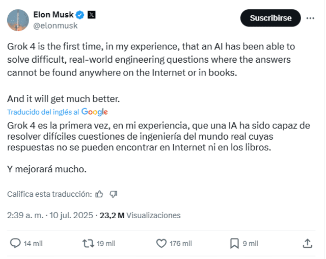 Musk celebró el lanzamiento y prometió más mejoras a Grok 4.   