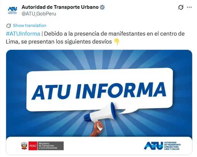  ATU anuncia desvíos por movilizaciones en Centro de Lima. Foto: ATU    