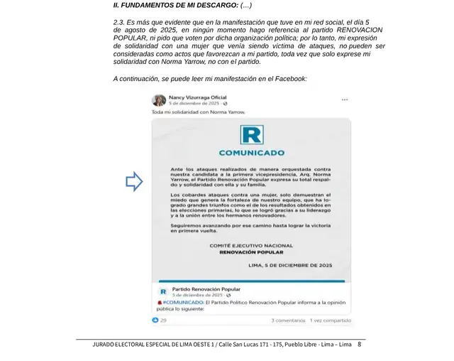 Comunicado que compartió Vizurraga en redes sociales en apoyo a Norma Yarrow Comunicado que compartió Vizurraga en redes sociales en apoyo a Norma Yarrow