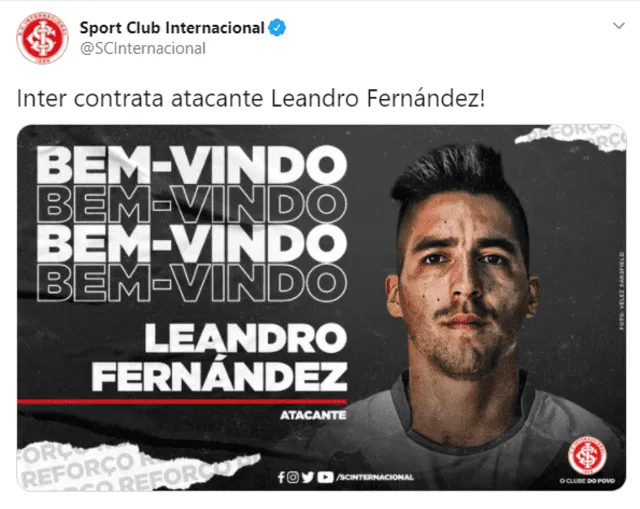 Inter anunció la contratación de Leandro Fernández. Foto: Inter de Porto Alegre.