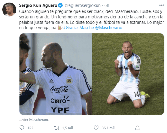 Sergio Agüero dedicó emotivo mensaje a Javier Mascherano en redes sociales. Foto: captura Twitter